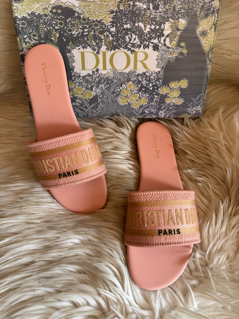 Dior Pink and Gold Embroidered Slide Sandals